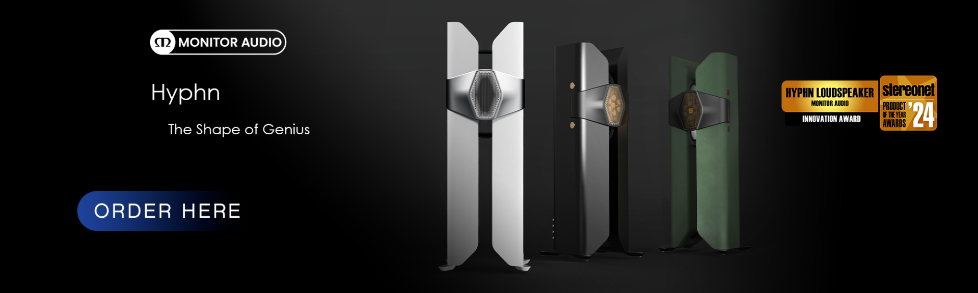 Monitor Audio Hyphn Speaker shown in Satin White, Satin Black, and Heritage Green